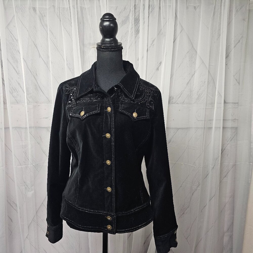 Reba Black Velvet Jacket with Embroidered Yoke and Gold Buttons